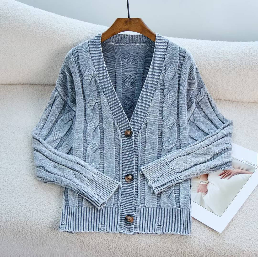 Dame chunky strik cardigan med V-hals og dekorative knapper Stilla