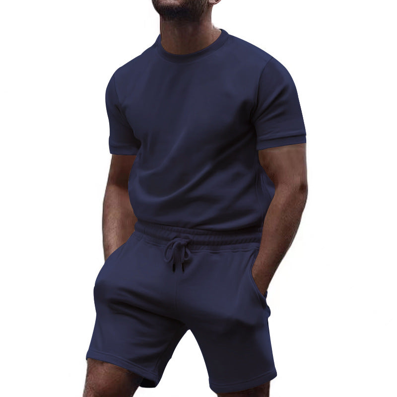 Herren nan minimalistisk jersey-sæt med komfortabel rundhalset skjorte og elastisk tunneltræk-kortbuks Skovae