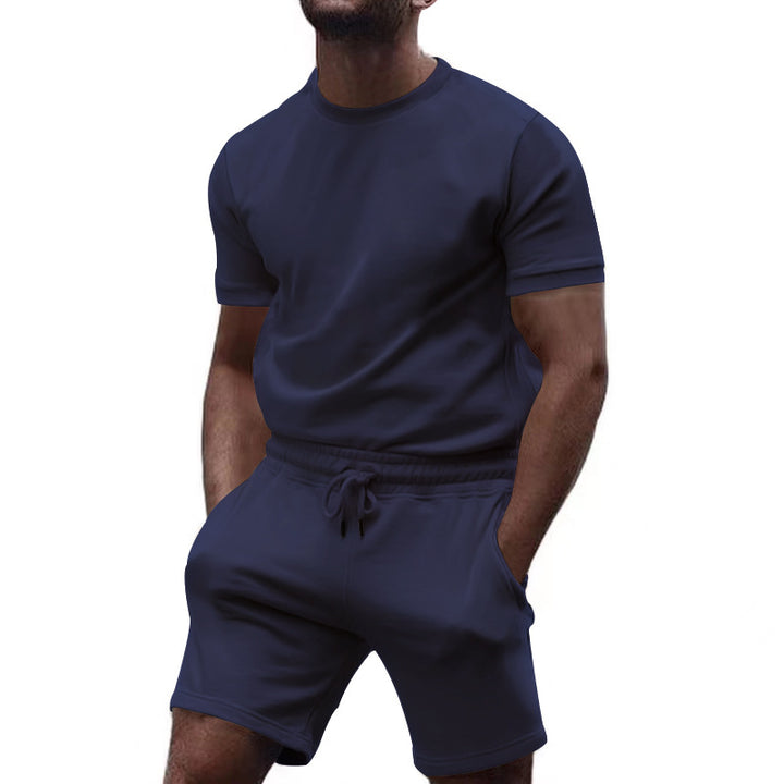 Herren nan minimalistisk jersey-sæt med komfortabel rundhalset skjorte og elastisk tunneltræk-kortbuks Skovae