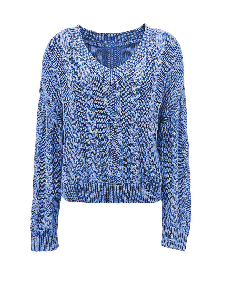 Kvinders strikket pullover med kabelmønster og V-hals Stilla