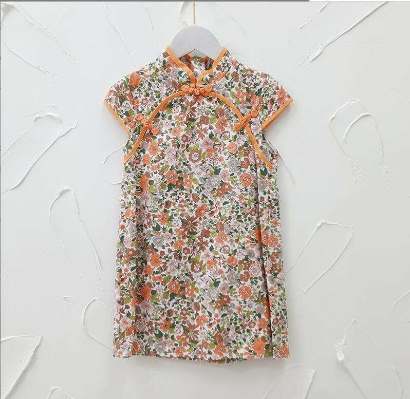 Pige Mandarin-krave blomsterprint kjole Stilla