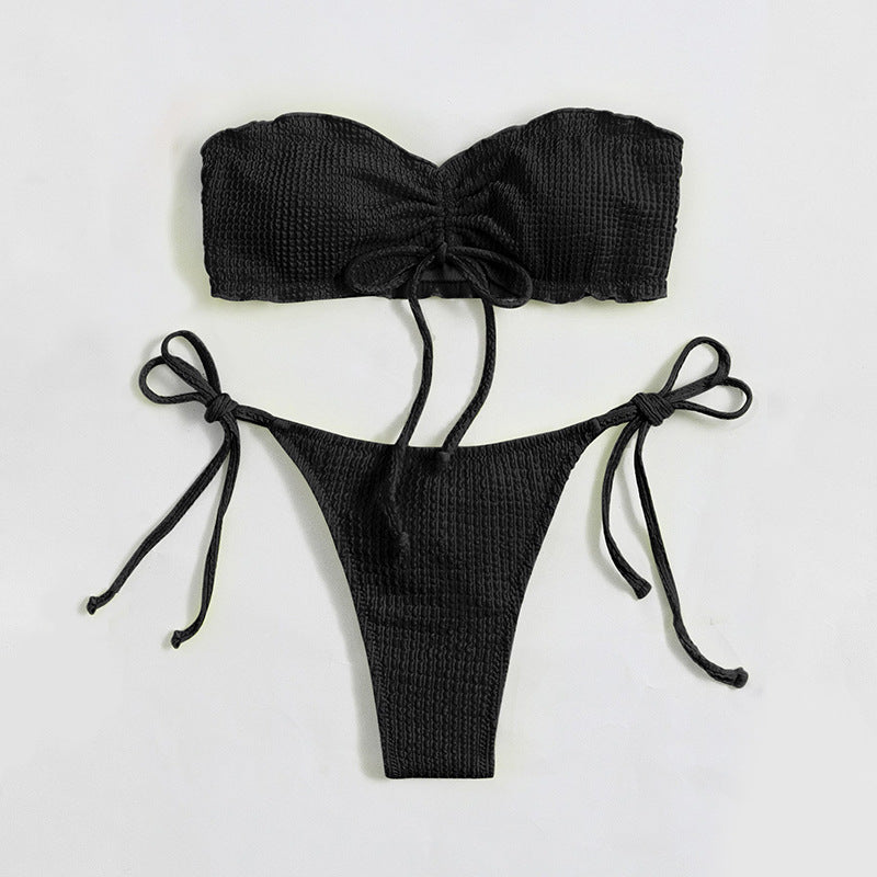 Dame Bikini-sæt med rynket bandeau-top og legesygt knude-design Stilla