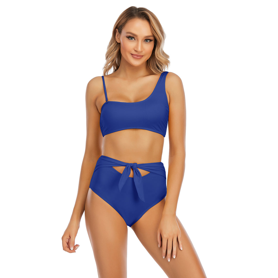 Dame højtalje-bikini med asymmetrisk top og dekoreret bindebælte Stilla