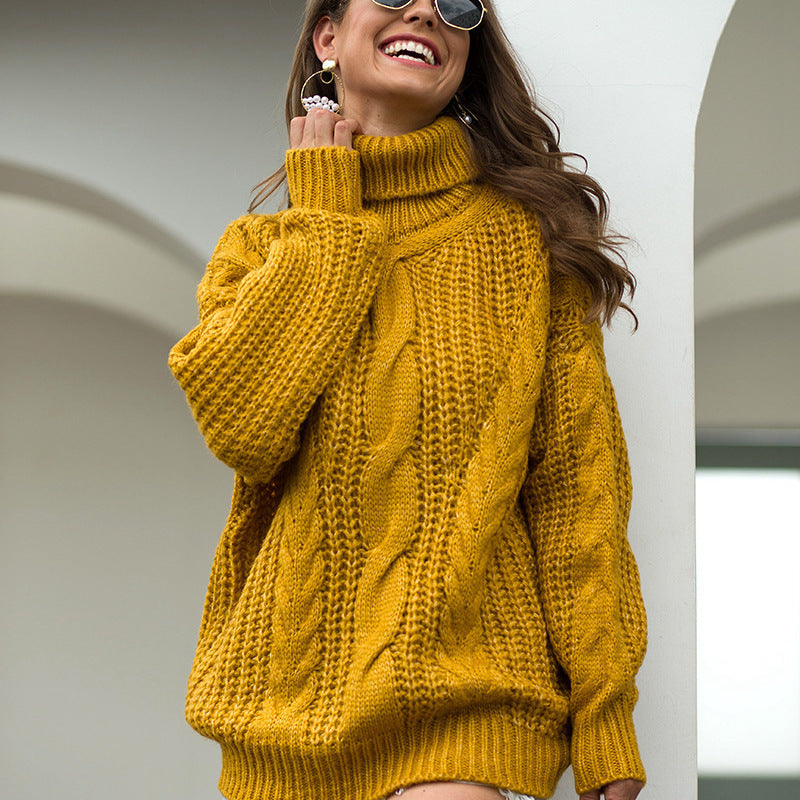 Kvinders chunky striktrøje med turtleneck og kabelmønster Stilla