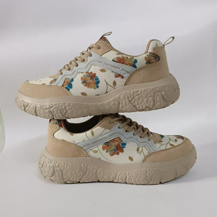 Dame nan mode Plateau-sneakers med blomstret canvasmønster og ruskind pynt skoae