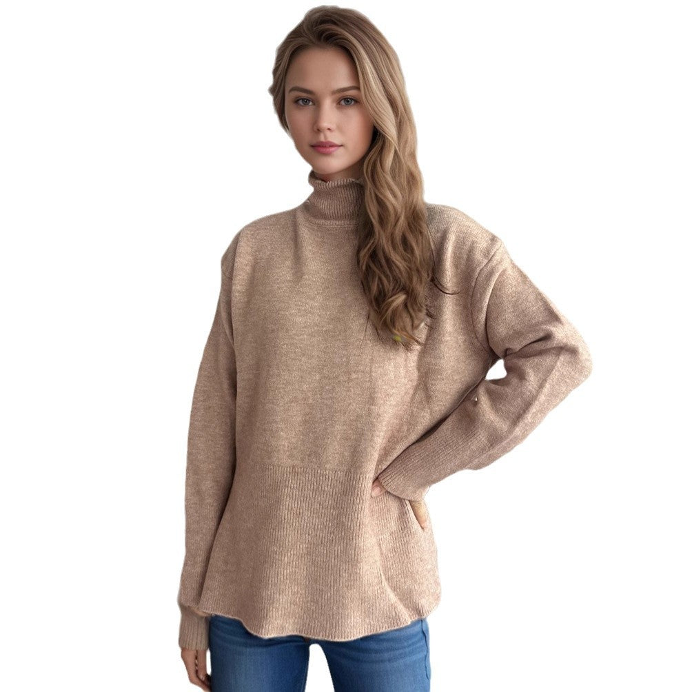 Dame casual sweater med høj krave og praktiske sidelommer Stilla