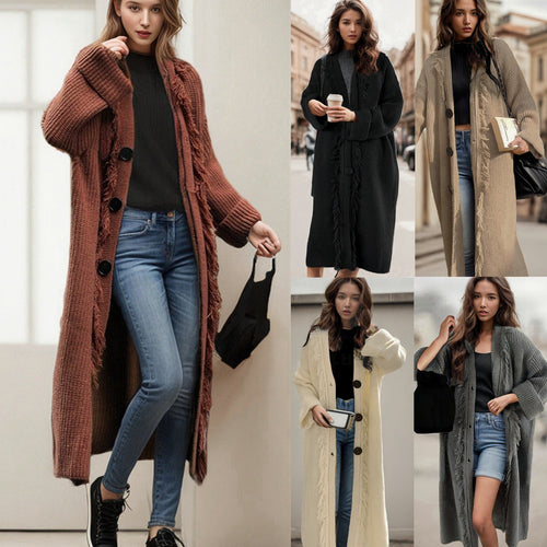 Kvinders chunky strik cardigan med frynse detaljer og stor knap pynt.