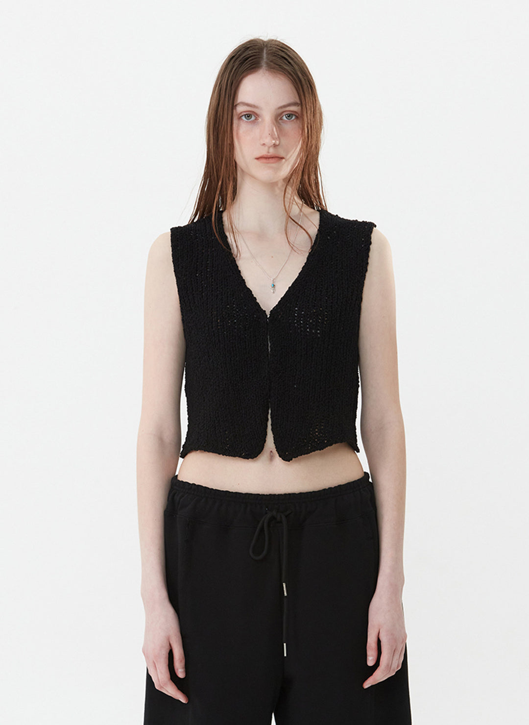 Dame luftig strikoverdel med V-udskæring og åben front Skovae