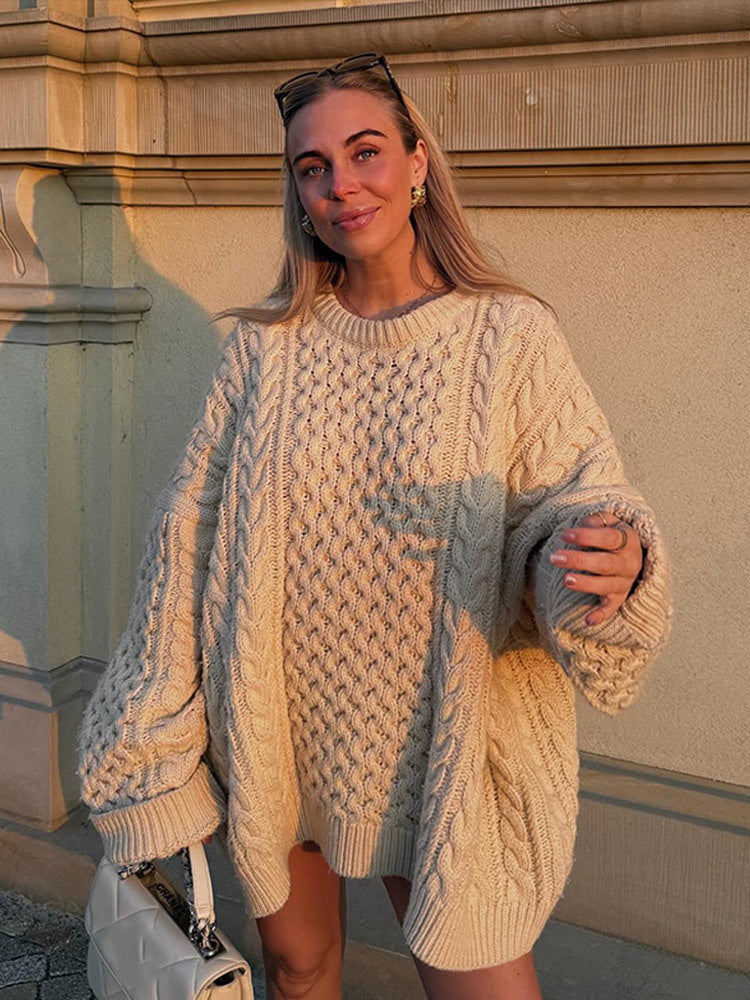 Dame Oversized Striktrøje med Fletmønster Stilla