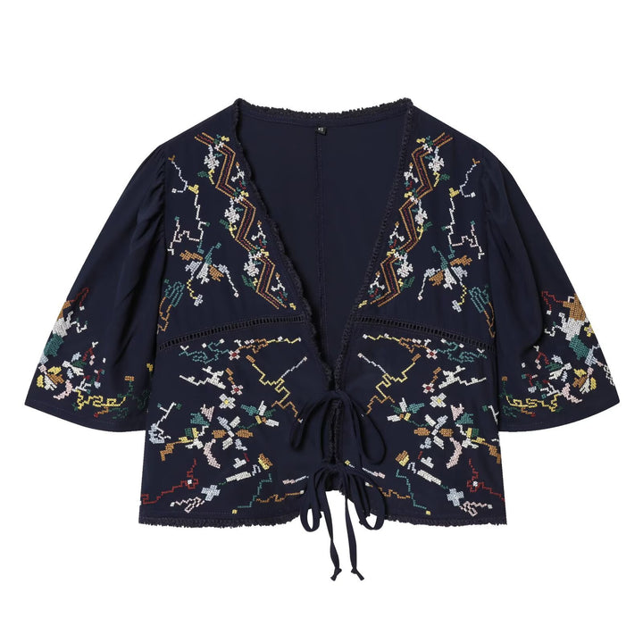Dame kort bluse kimono med kunstnerisk broderi og talje snøring Skovae