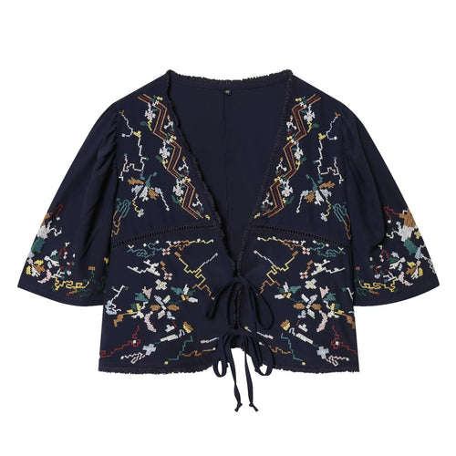 Dame kort bluse kimono med kunstnerisk broderi og talje snøring Skovae