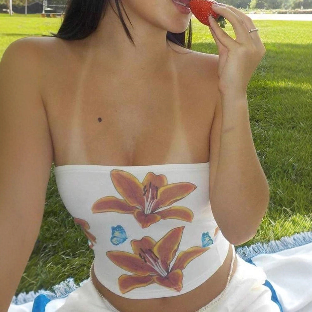Dame strapless crop-top med farverigt blomsterdesign Skovae