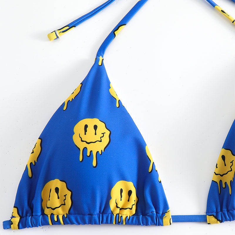 Dame triangel-bikini med glad smiley-mønster og justerbare bindebånd Skovae