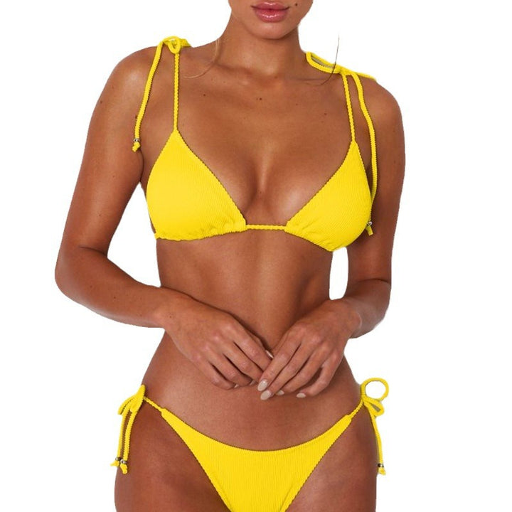 Dame ribmønster trekantstop og justerbart sidelænkebånd underdel bikini sæt Stilla