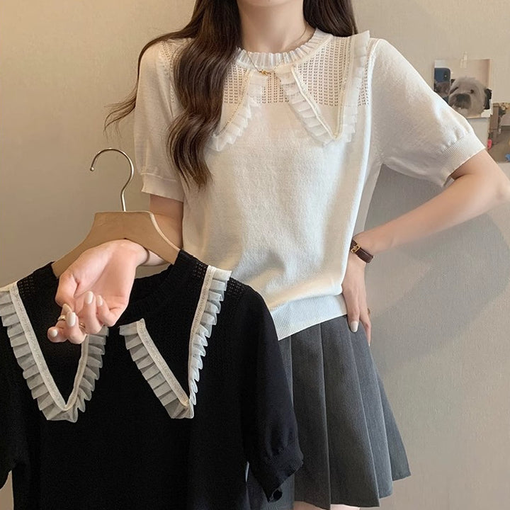 Kvinder Elegant Strik Top med Dekorativ Flæse Kant og Åndbart Design