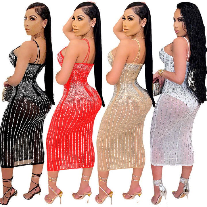 Dame Bodycon Midi Kjole med Strass dekoration Stilla