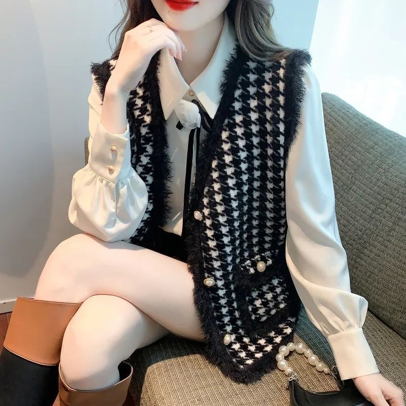 Damers fashionable vest med klassisk houndstooth mønster Stilla