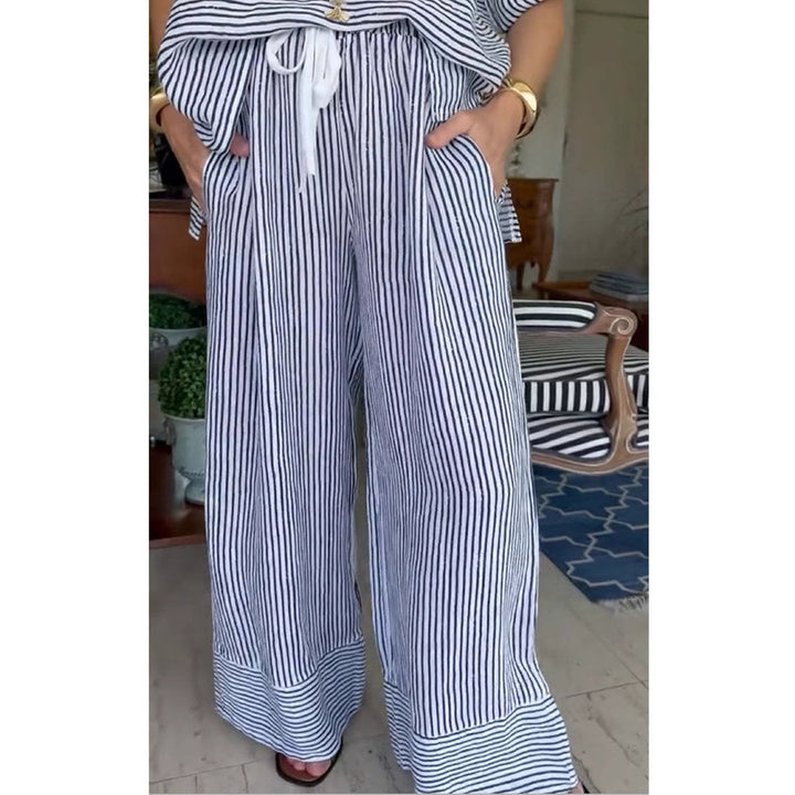 Stribet linned loungewear sæt til kvinder, to dele Stilla