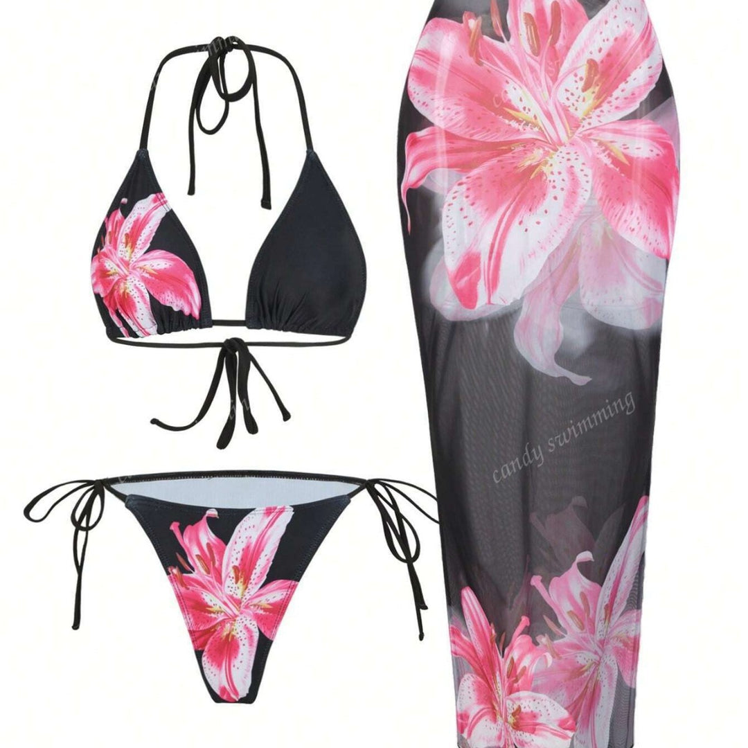 Dame Triangel-Bikini-Sæt med blomsterdesign og gennemsigtig Maxikjole Skovae