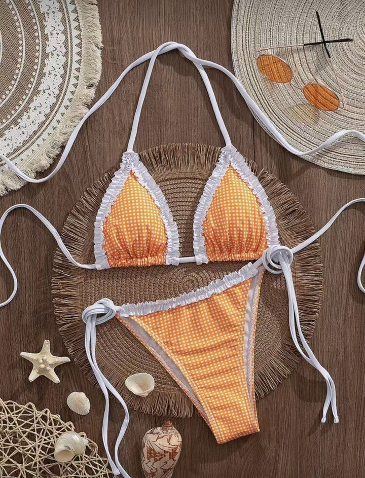 Dame Bikini-sæt med legende ternet mønster og charmerende flæsedetaljer Skovae