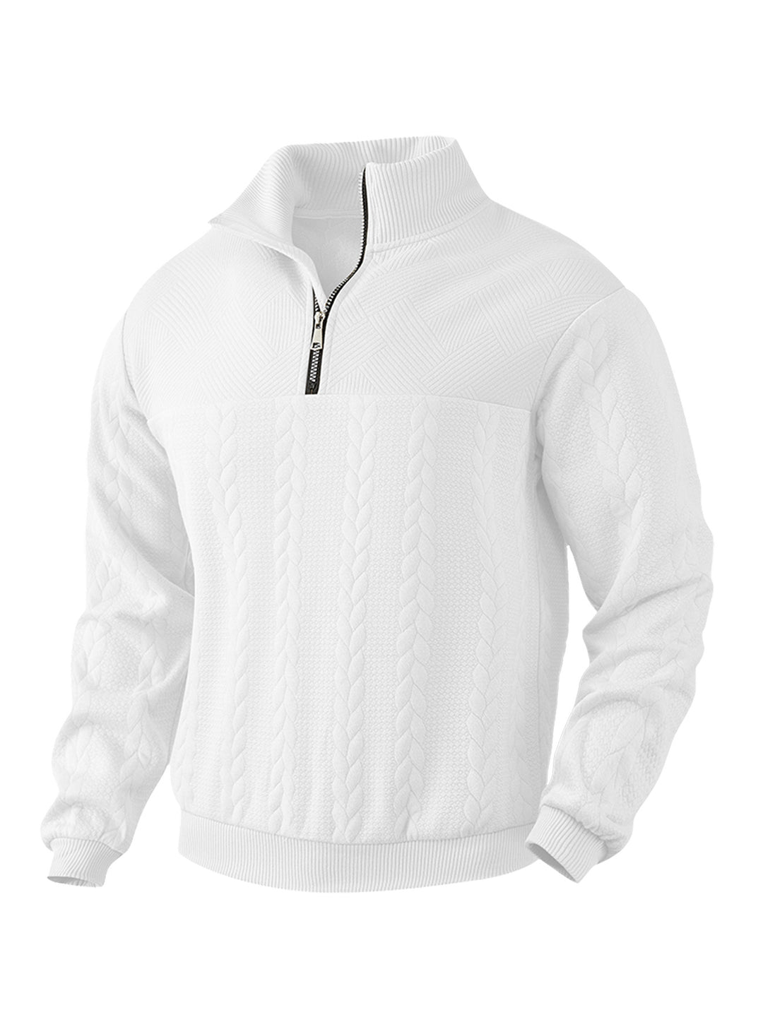 Herrer nan tekstureret strikpullover med halvlynlås, fletmønster og høj ståkrave Skovae