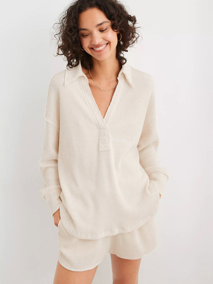 Dame Vaffelstruktur Loungewear Sæt med afslappet pasform og justerbar linning Stilla