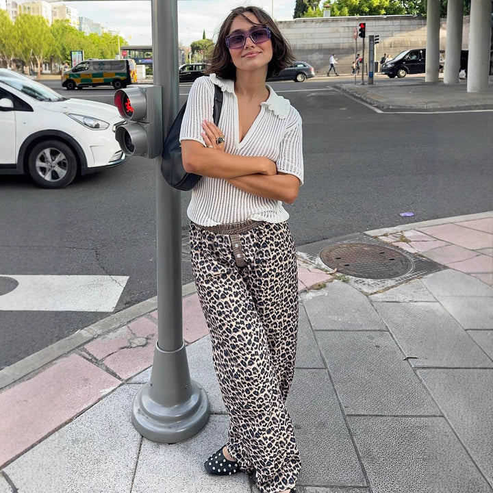 Dame casual Palazzo-bukser med leopardmønster og elastisk talje Skovae