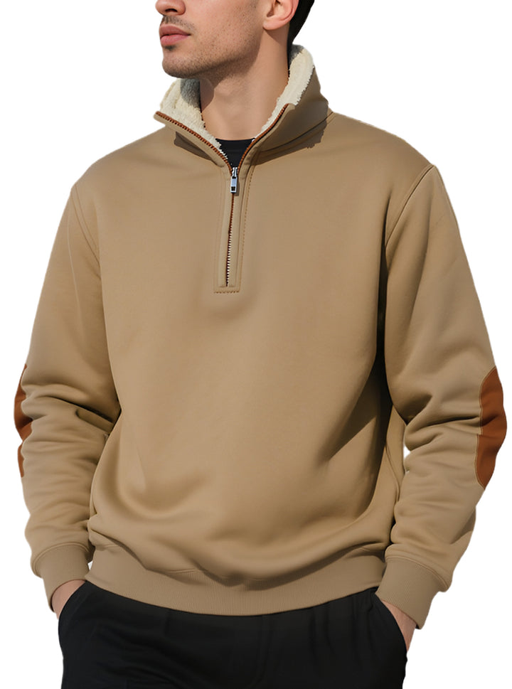 Herre nan legeres halvzip-sweatshirt med sherpa-futteret ståkrave og kunstlæder-albueapplikation Skovae