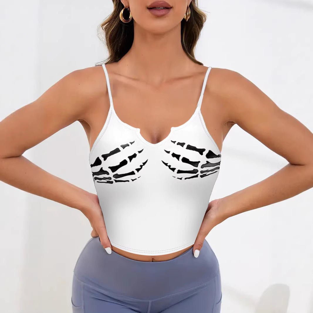 Damer sporty crop-top med kreativt skeletdesign Skovae