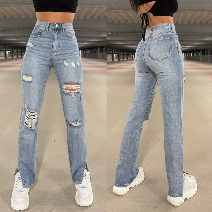 Dame jeansbukser med trendy destroyed-effekt og sidelæg Stilla