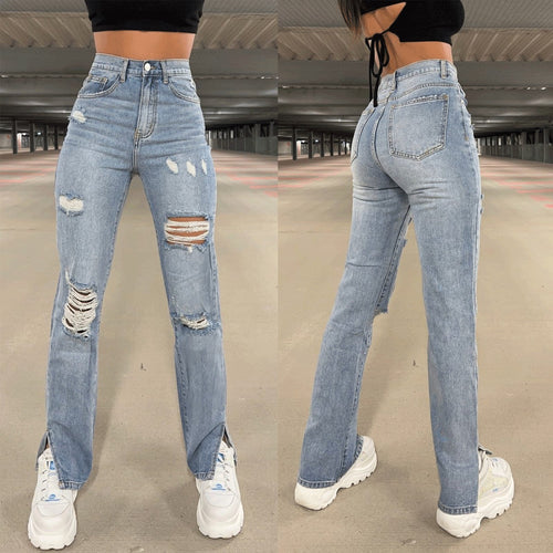 Dame jeansbukser med trendy destroyed-effekt og sidelæg Stilla