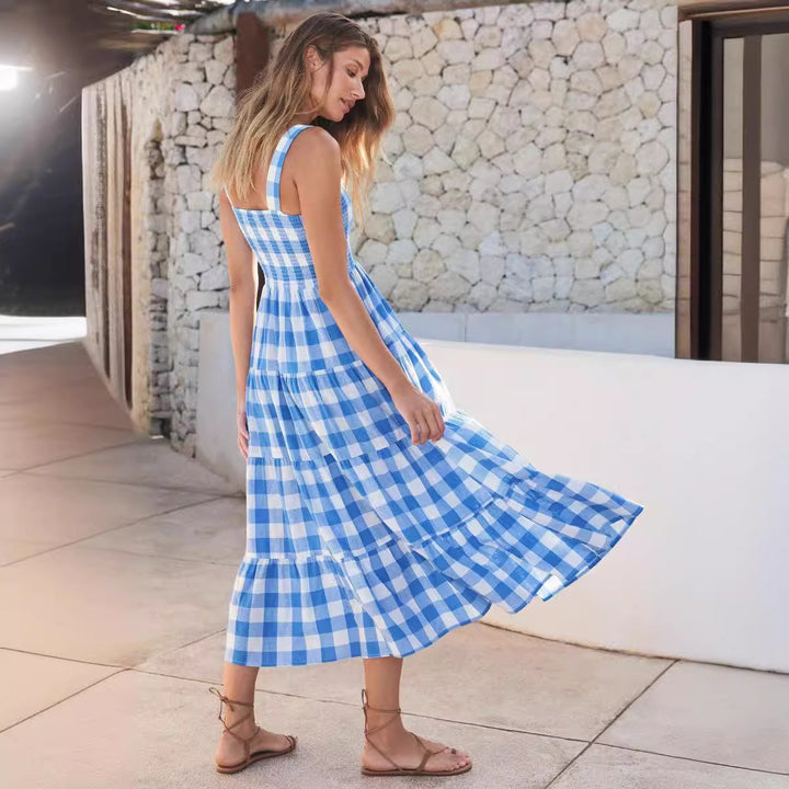 Dame sommer maxi kjoler med ternet design og stropper Skovae