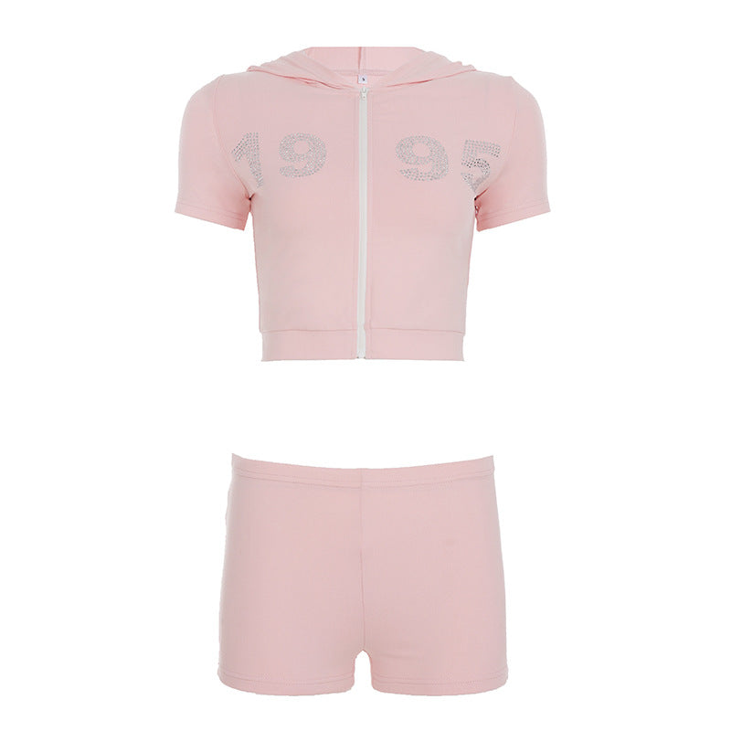 Dame sporty to-delte sæt med hættebluse og korte shorts Skovae