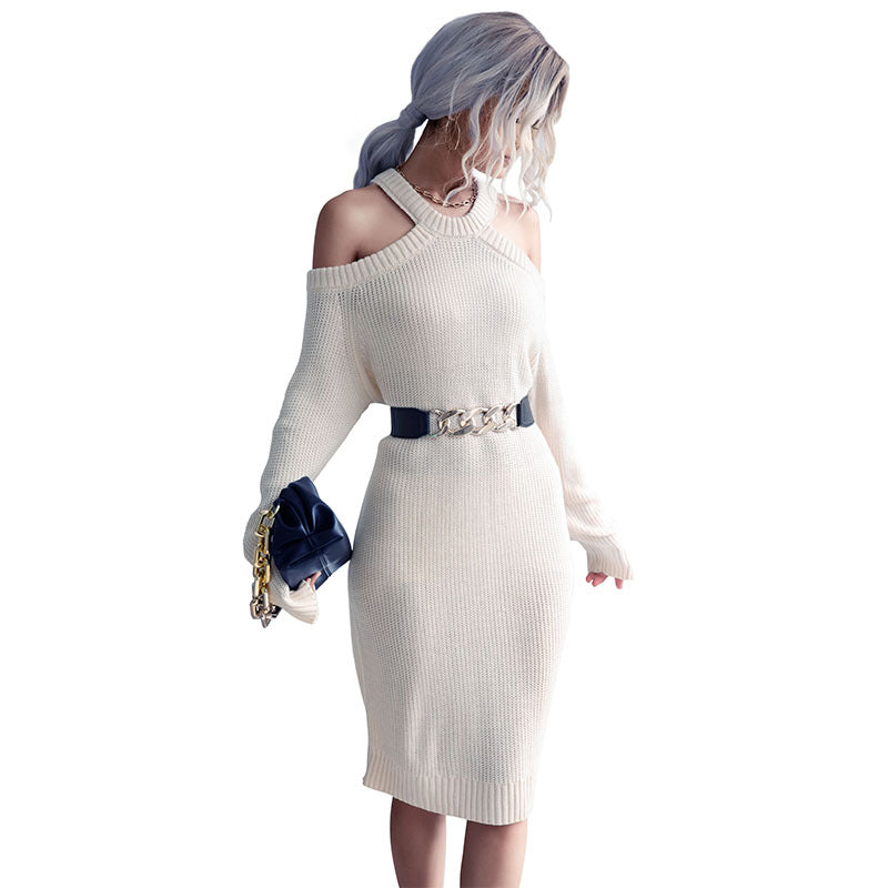 Kvinders Off-Shoulder Strikkjole med Elegant Talje Stilla