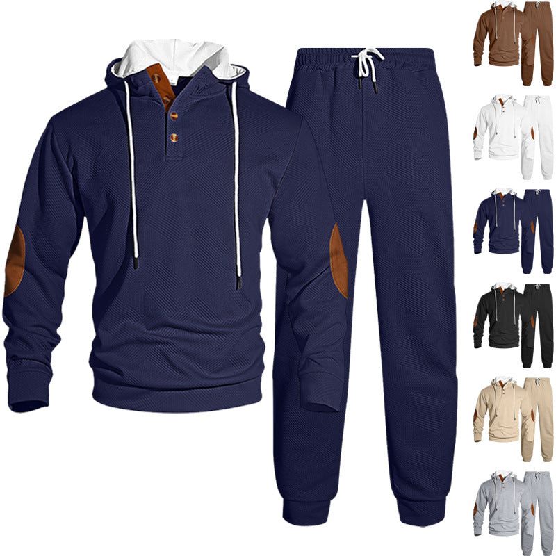 Herrer nan vaffelstruktur Henley-hoodie sæt med træknap liste albue-patch og konisk joggingbukser Skovae