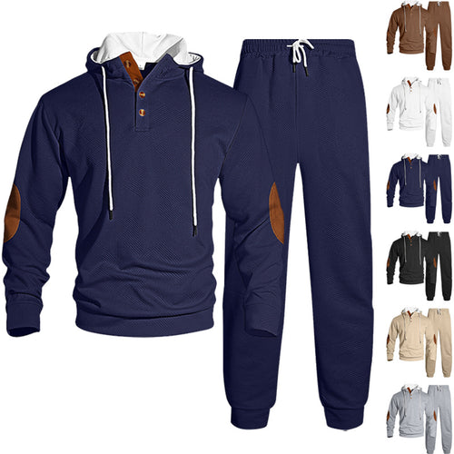 Herrer nan vaffelstruktur Henley-hoodie sæt med træknap liste albue-patch og konisk joggingbukser Skovae