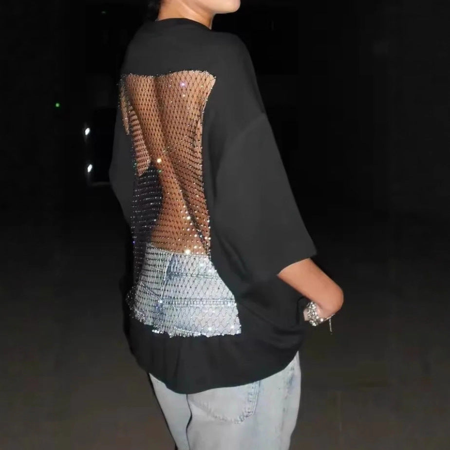 Dame nan Oversize-T-shirt med transparent netbag, strassbesætning og jeansprint Skovae