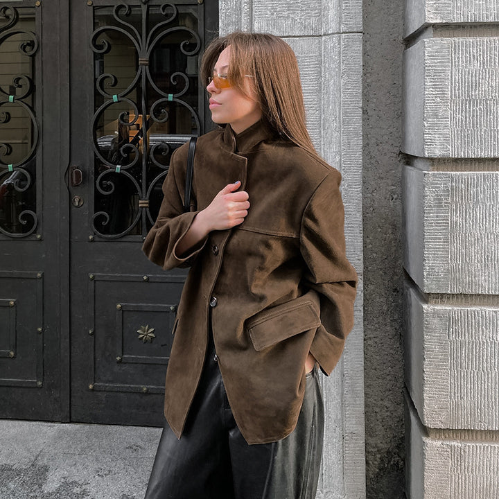Dame Oversized Blazerjakke i Kunstlæder med elegante detaljer Stilla