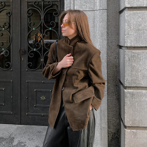 Dame Oversized Blazerjakke i Kunstlæder med elegante detaljer Stilla