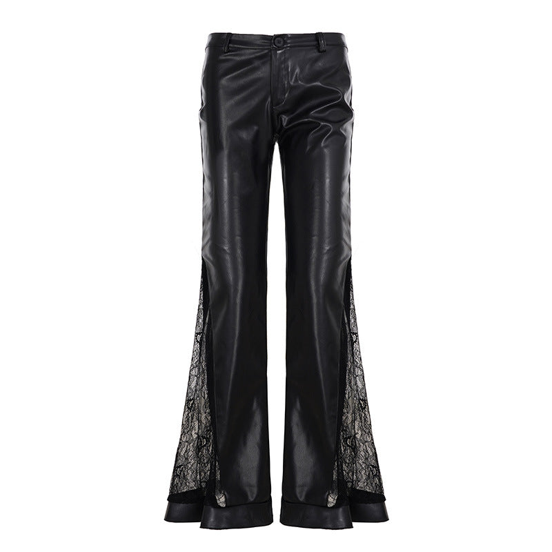 Damen Elegante Kunstlederhose mit transparenten Spitzenakzenten Skovae