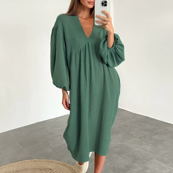 Dame afslappet oversized kjole med voluminøse ærmer og V-udskæring Stilla