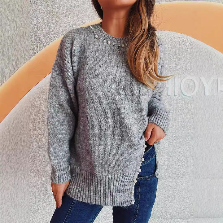Dame hyggesweater med delikat perledekorering Stilla