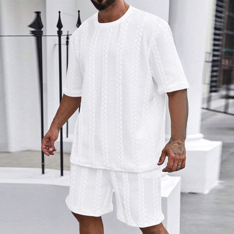 Herren nan afslappet fletningstrik fritids sæt med bred kortærmet t-shirt og elastiske Bermuda shorts