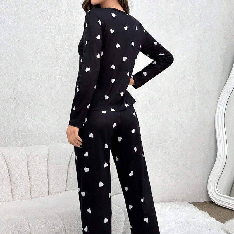 Dame Casual Hjerteprint Lange Ærmer Pyjamas Sæt Stilla