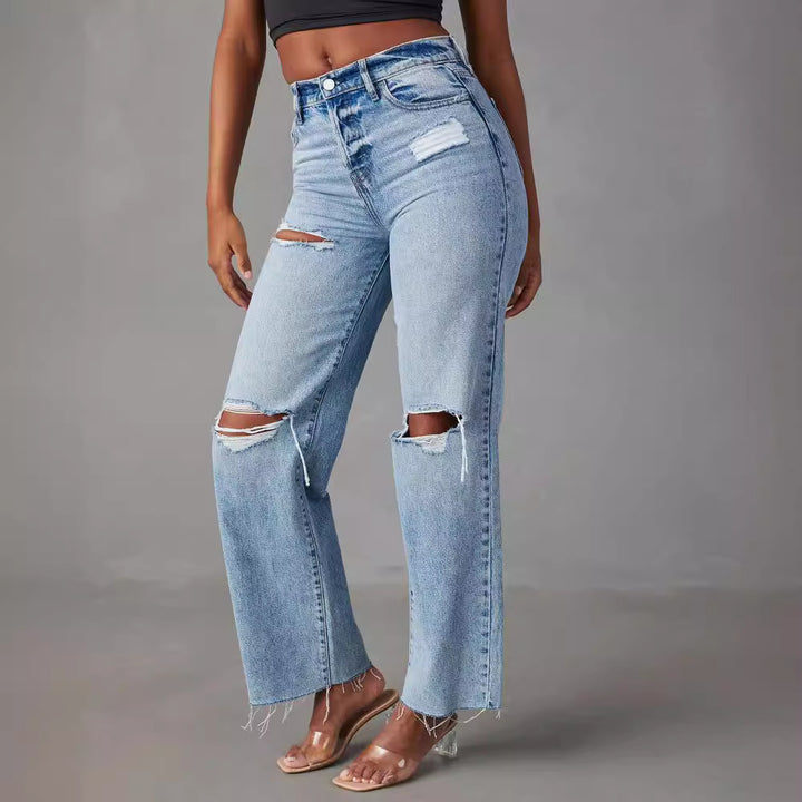 Dame High-Waist Ødelagte Jeans med frynset kant Stilla
