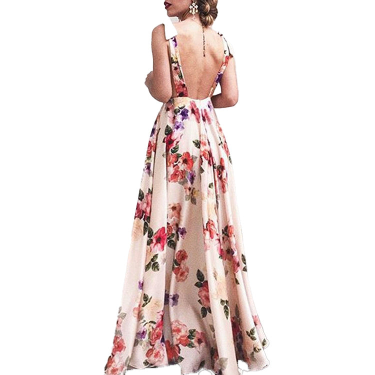 Kvinders elegante maxi kjole med blomstermotiv og sideslids