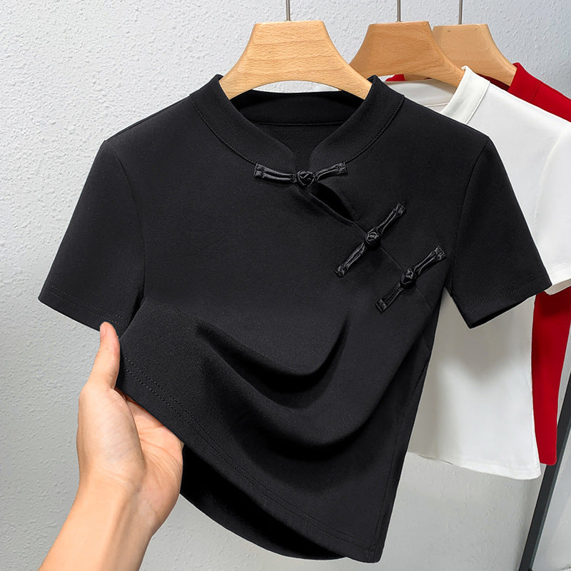Dame Mode T-shirt med asiatisk krave og dekorative knapdetaljer Stilla