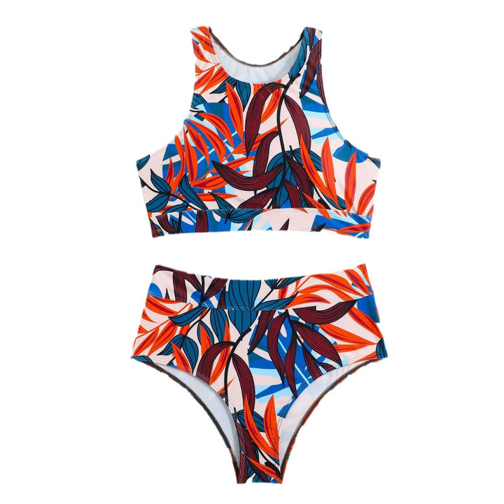 Dame Sport-Bikini-Sæt med moderne bladmønstre og høj talje Stilla