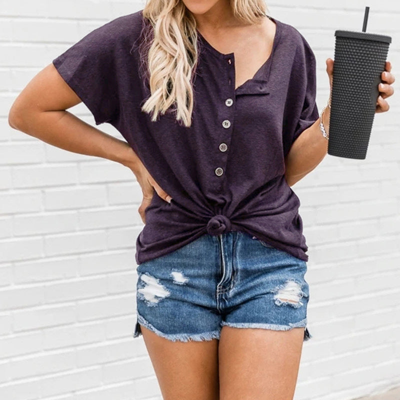 Dame Casual T-shirt med knude-detalje og praktiske knapper Stilla