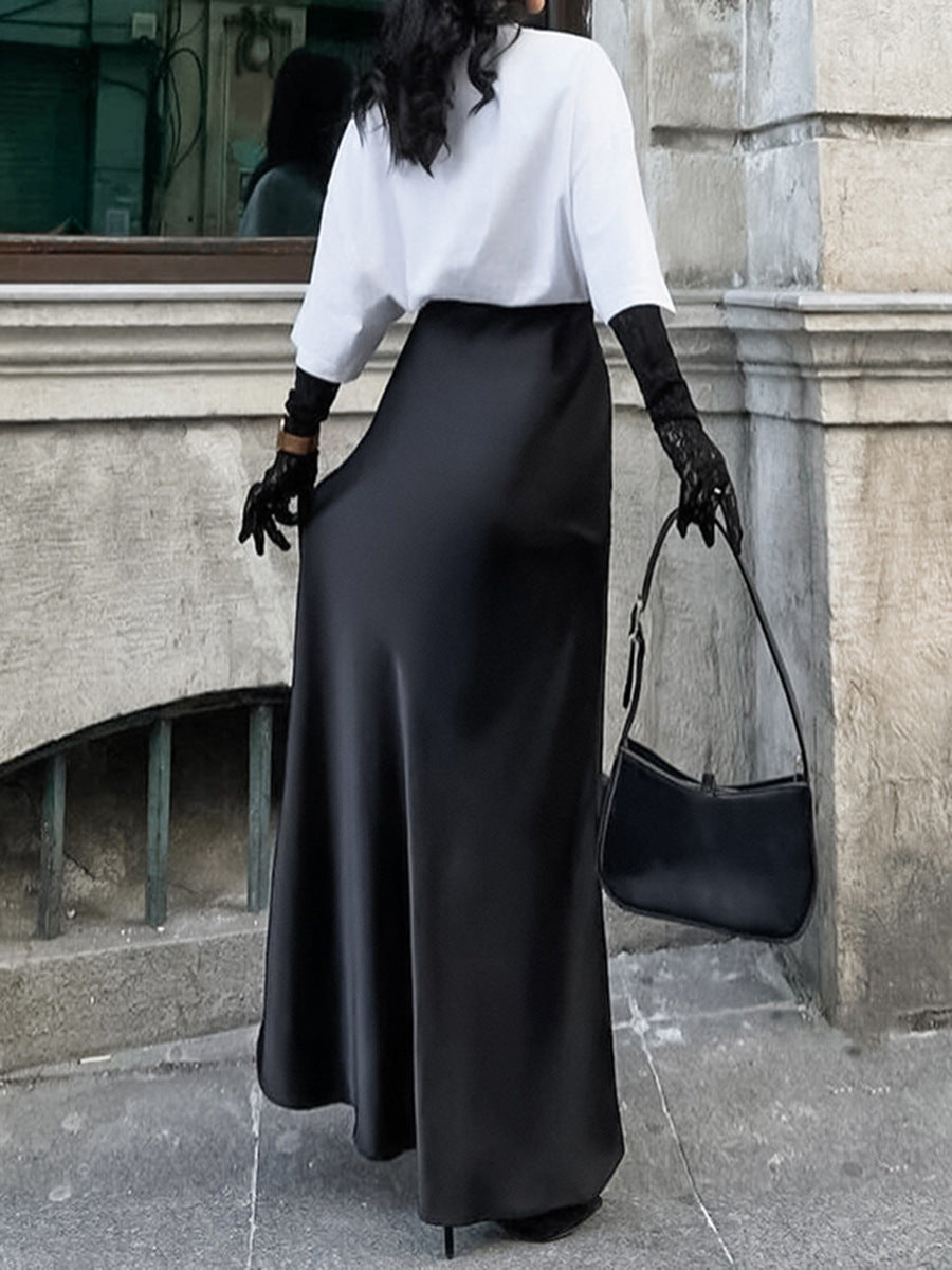 Dame Elegant Satin Maxiskørt med flydende snit og høj slids Stilla